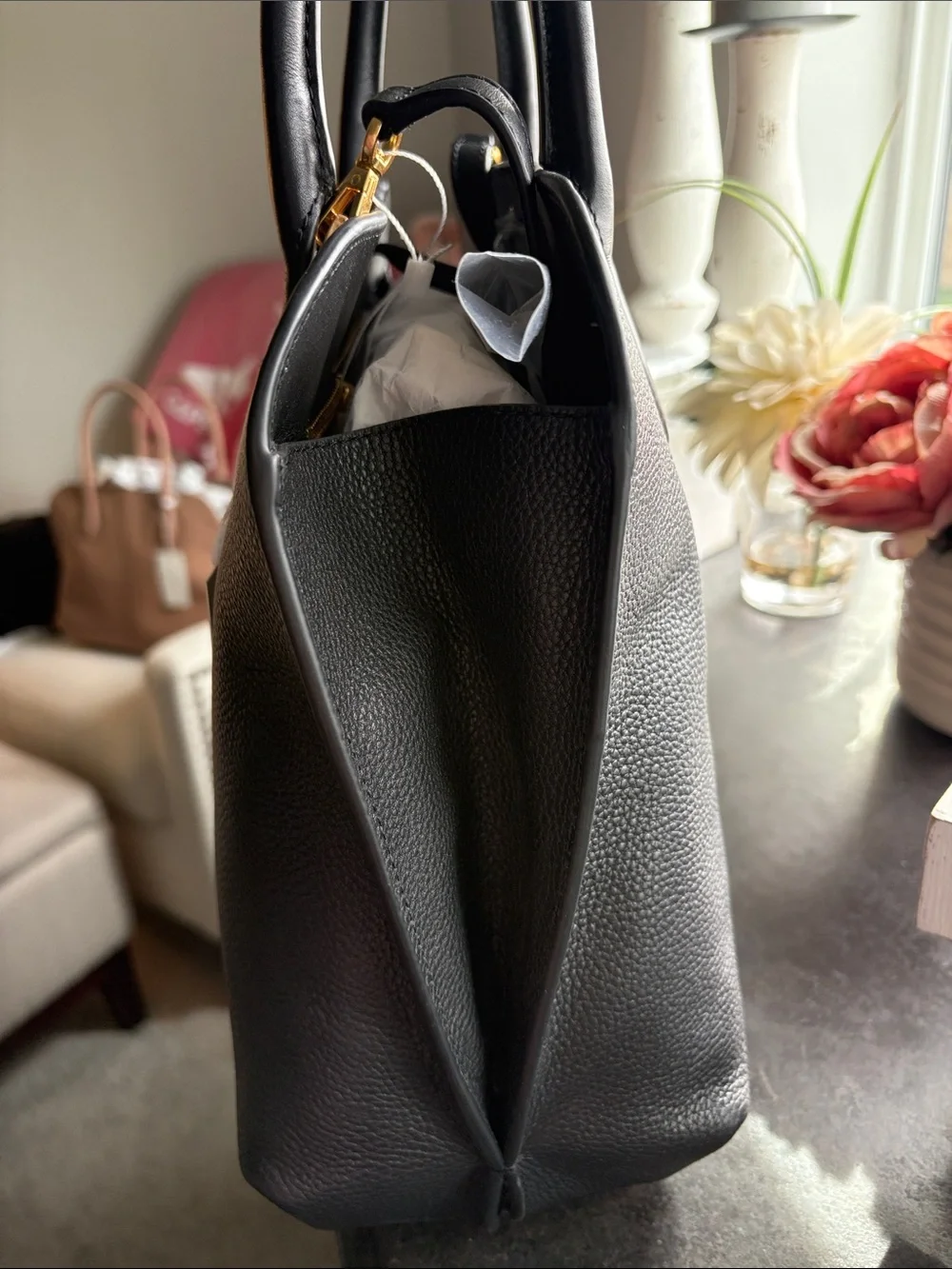 Vince Black Pebbled Leather Satchel with Dual Top Handles
